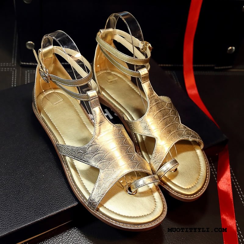 Naisten Sandaalit Halvat 2019 Rooma Litteät Kengät Kesä Aito Nahka Hopea Kultainen