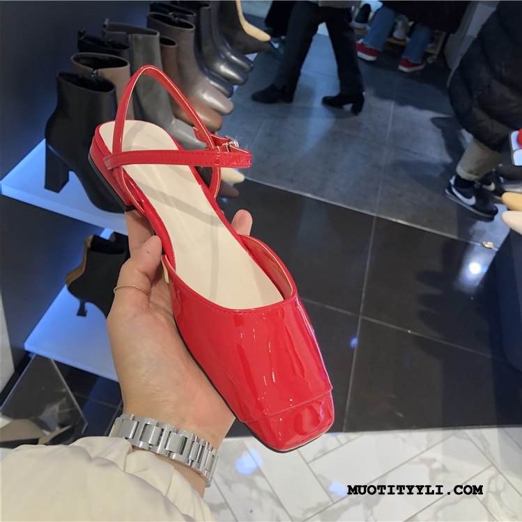 Naisten Sandaalit Kauppa Makea Neliön Pää Kevät Patent Leather Iso Punainen
