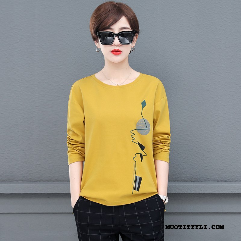 Naisten T-paidat Myynti Löysät Suuri Koko Uusi Naisille Pitkät Hihat Valkoinen Keltainen