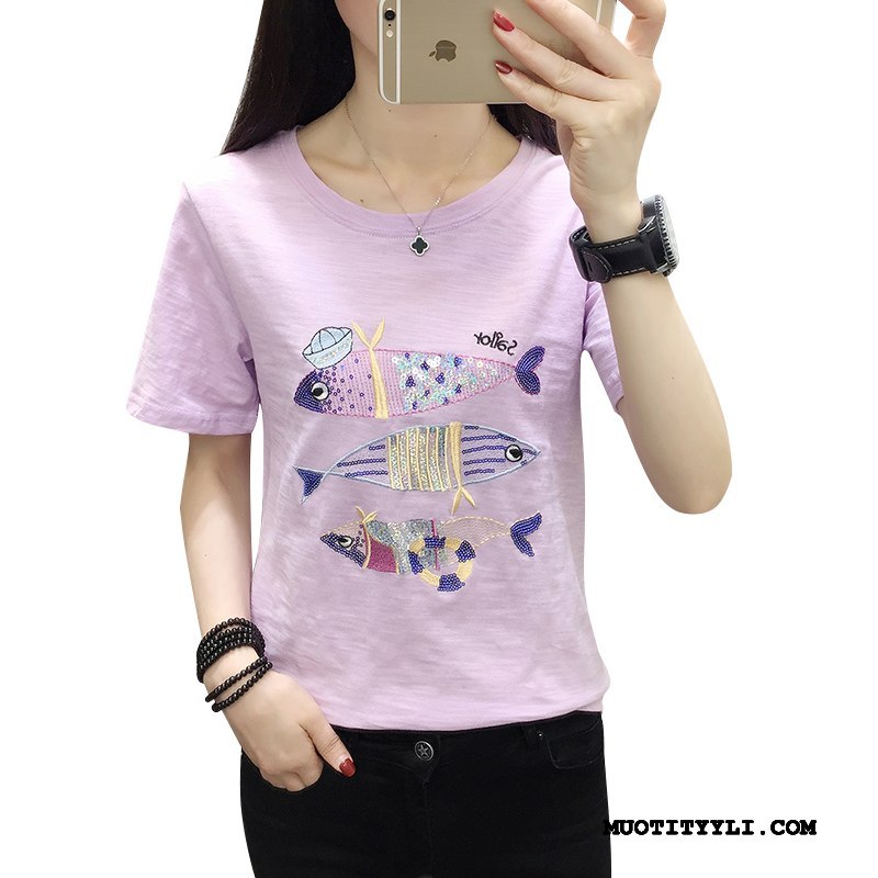 Naisten T-paidat Osta Uusi Kesä Löysät Lyhythihainen Suuri Koko Violetti Valkoinen