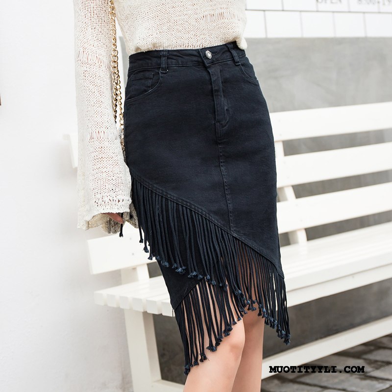 Naisten Hameet Halpa Fringed Uusi Denimi Ohut Epäsäännöllinen Musta